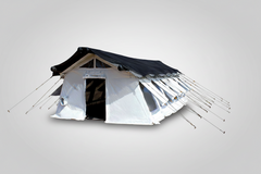 White tent with black roof in a desert setting XPERT TENT, RELIEF TENT