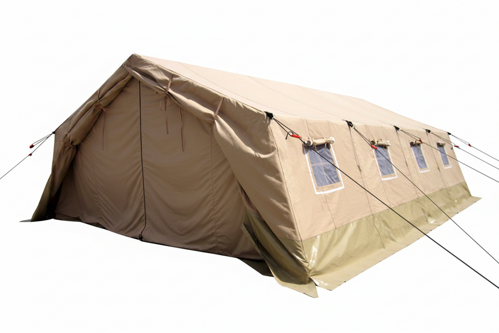 Large beige tent with solar panels on a concrete surface