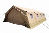 Large beige tent with solar panels on a concrete surface