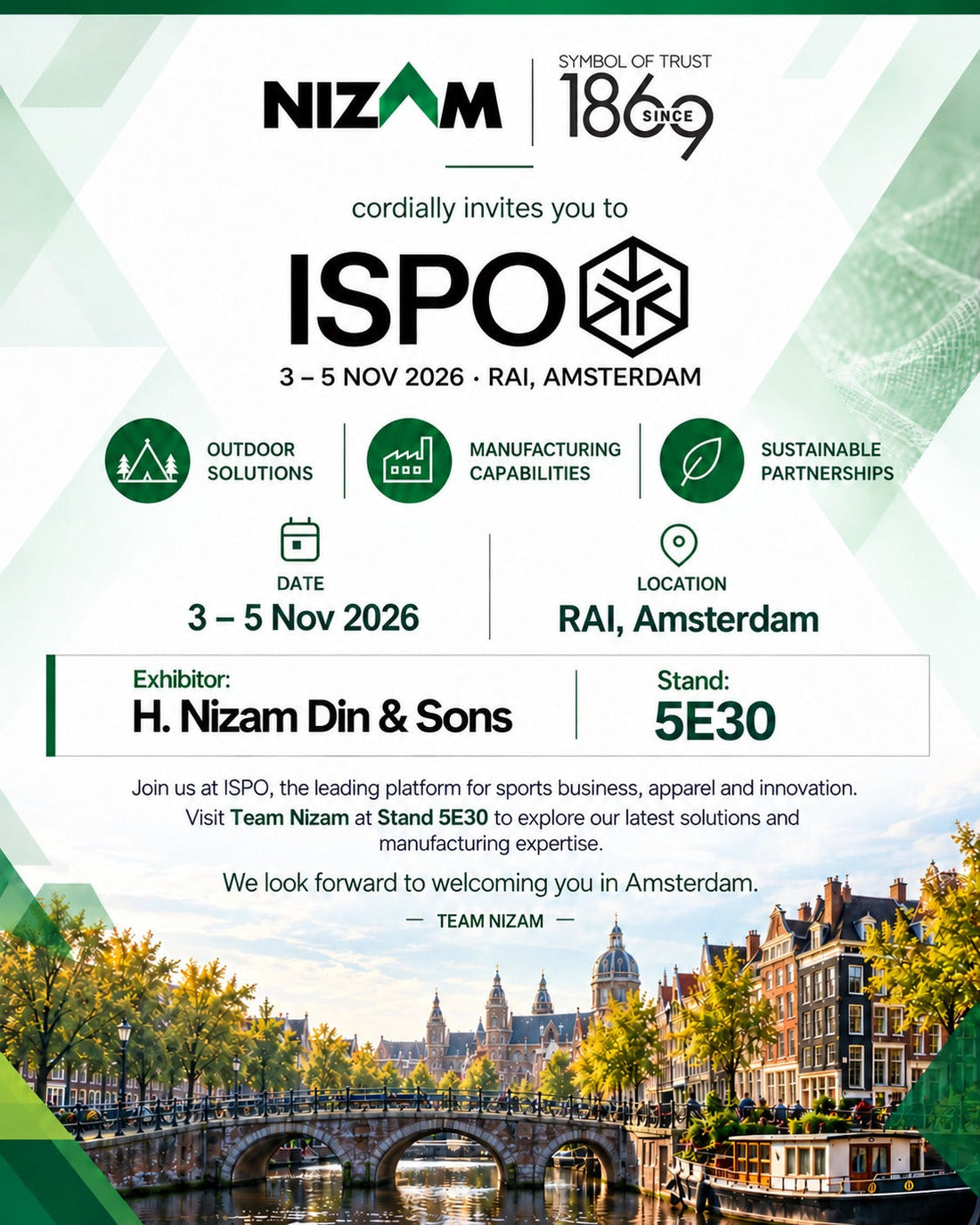 Nizam at ISPO 2026 Amsterdam: Visit Team Nizam at Stand 5E30 (3 to 5 November, RAI Amsterdam)
