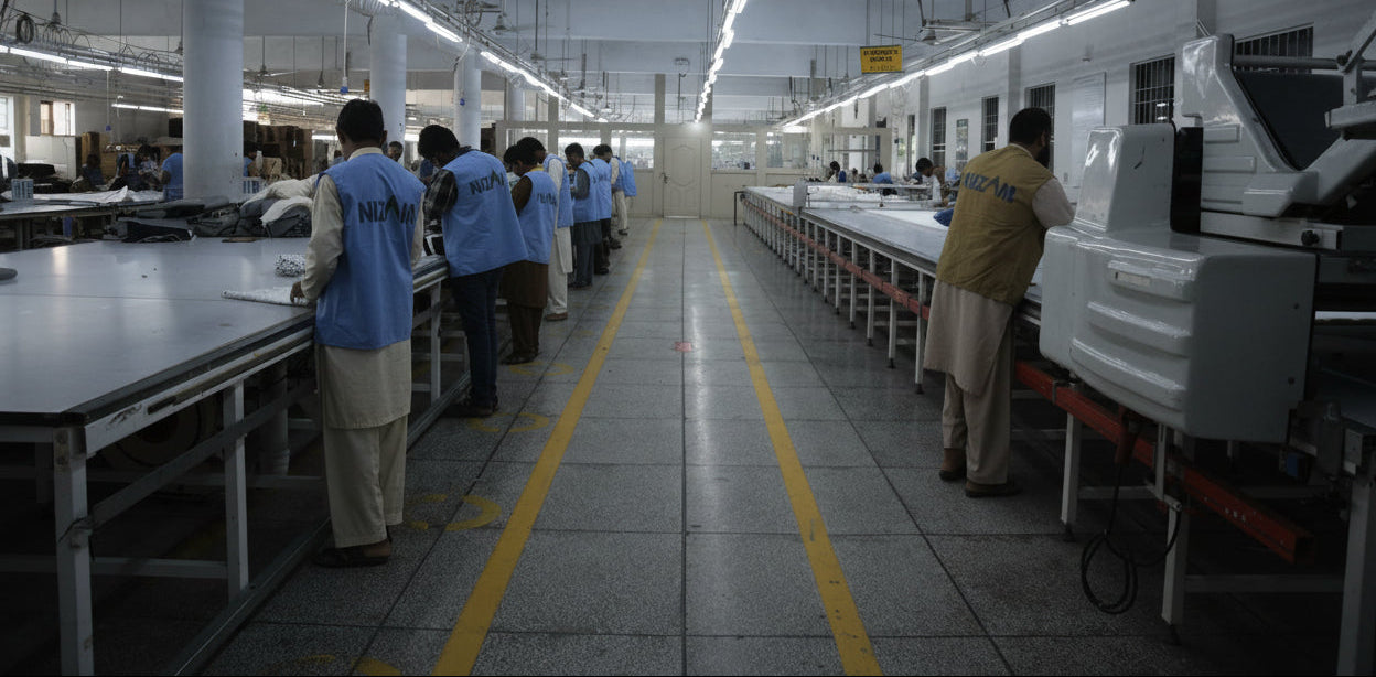 Factory floor with workers in blue and yellow uniforms, large machines, and a long line of workstations.