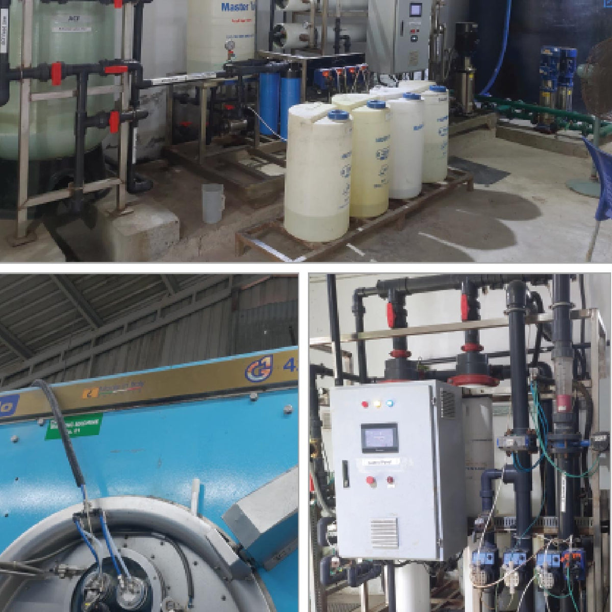 Collage of industrial equipment including tanks, machinery, and control panels in a factory setting us for water sustainability, reductio of water use 